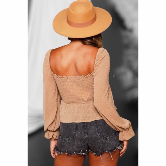 Peach Love Taupe Swiss Dot Ruched Bust Ruffle Hem Long Sleeve Smocked Blouse - Picture 7 of 7